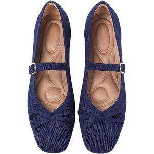 Women Dark Blue Fabric Upper And Rubber Sole Ballet Flats With Ankle Strap